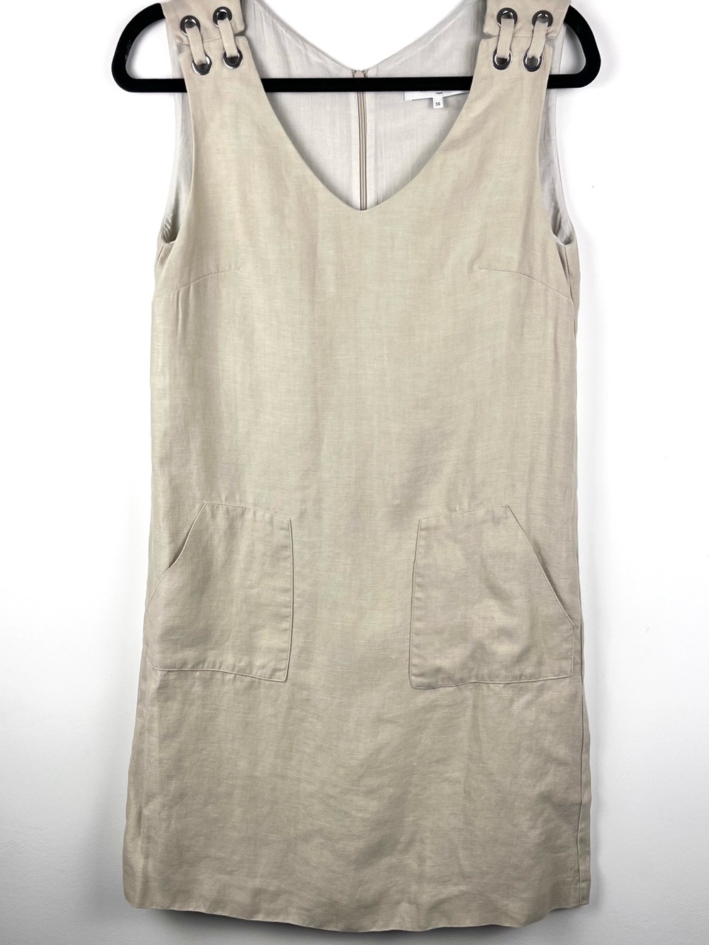 Gerard Darel Paris 100% Linen Shift Dress Beige Pocket Sleeveless EU 36 US 4